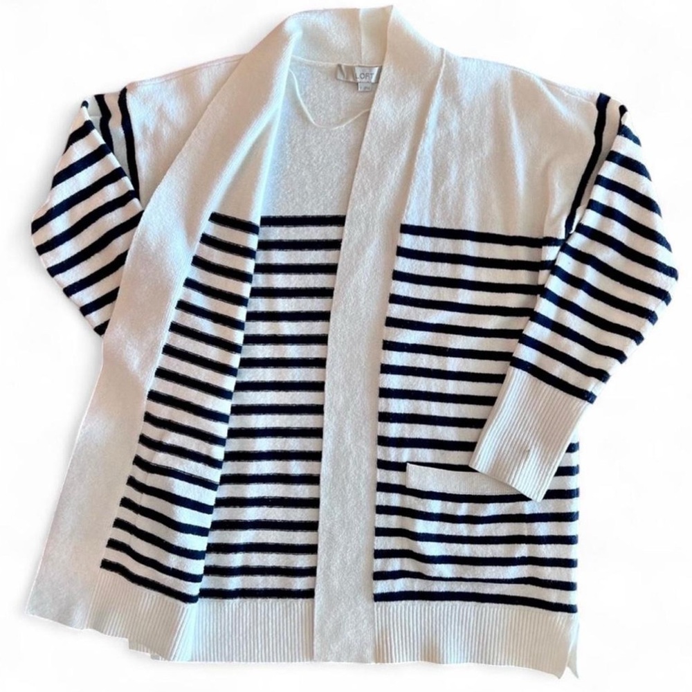 LOFT Navy Striped Cardigan with Pockets Medium